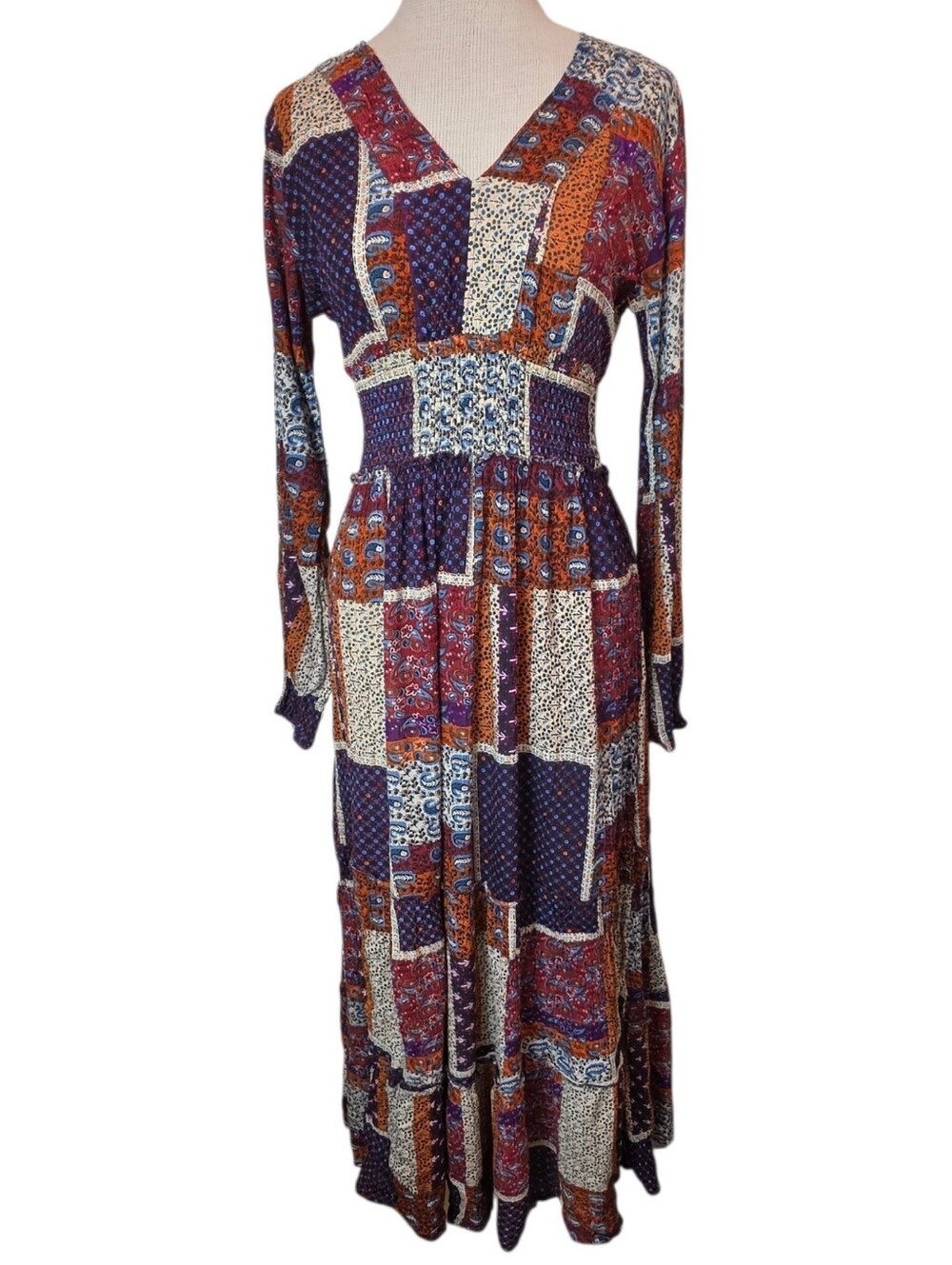 Boho Patchwork Maxi Dress Size S Flowy Long Sleeve 70s Cottagecore Prairiecore